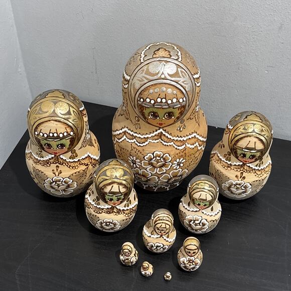 Vintage Russian Matryoshka Nesting Dolls Set Of 10 Wooden Hand Signed Burnt - Picture 2 of 12